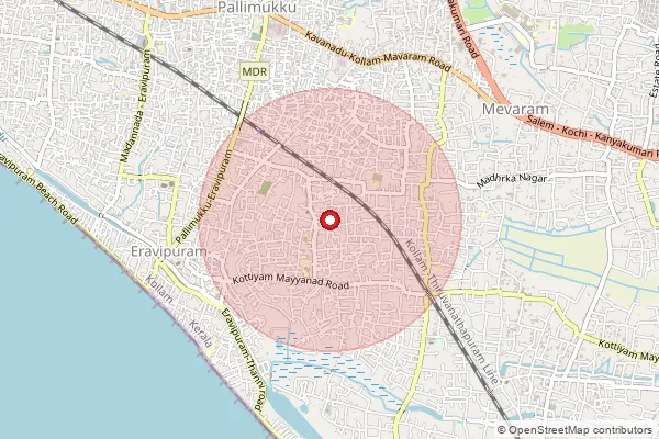 Map showing approximate area covered by Pincode 691011 — Eravipuram So, Kollam