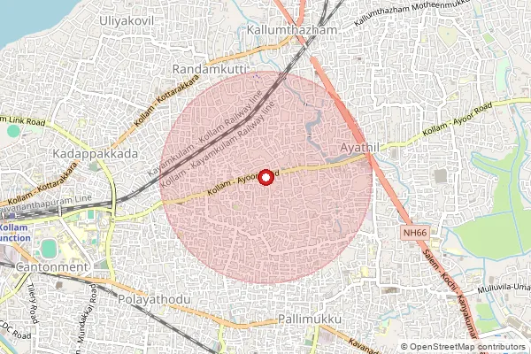 Map showing approximate area covered by Pincode 691015 — Mangad So, Kollam