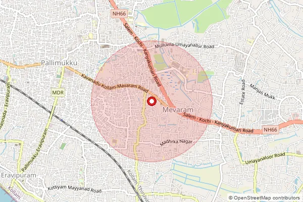 Map showing approximate area covered by Pincode 691020 — Koottikada Bo, Kollam
