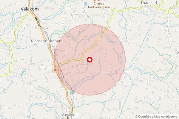 Map showing approximate area covered by Pincode 691532 — Ambalakkara Bo, Kollam
