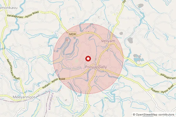 Map showing approximate area covered by Pincode 691537 — Mailode Bo, Kollam