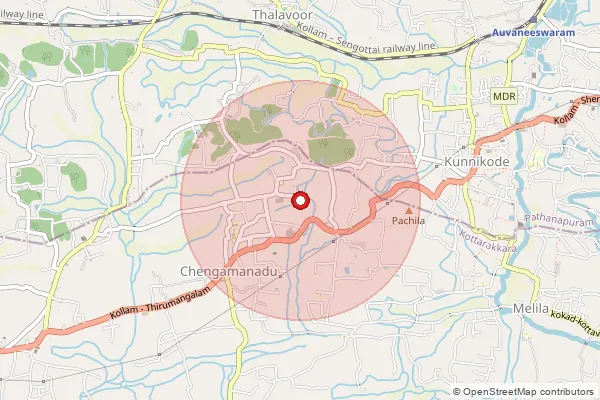 Map showing approximate area covered by Pincode 691557 — Kura Bo, Kollam