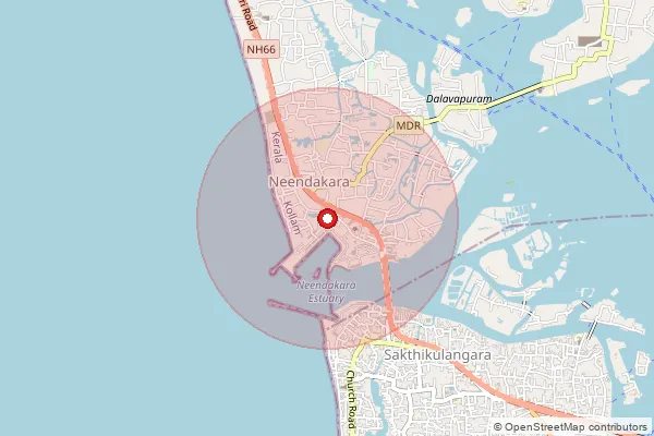 Map showing approximate area covered by Pincode 691582 — Neendakara So, Kollam