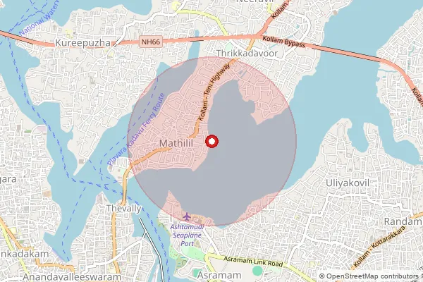 Map showing approximate area covered by Pincode 691601 — Kureepuzha Bo, Kollam
