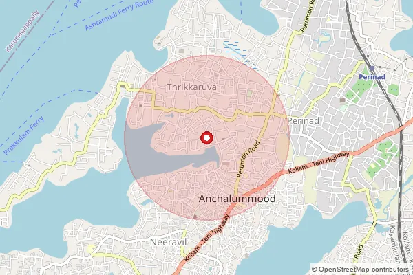 Map showing approximate area covered by Pincode 691602 — Ashtamudi Bo, Kollam