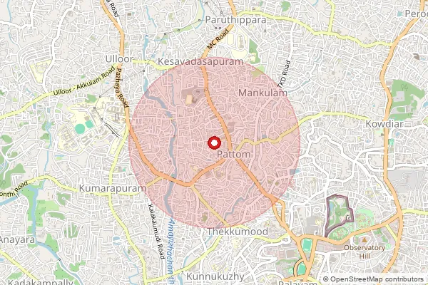 Map showing approximate area covered by Pincode 695004 — Goureesapattom Bo, Thiruvananthapuram