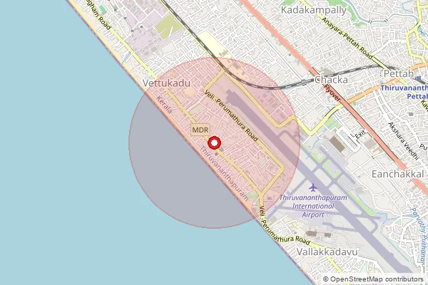 Map showing approximate area covered by Pincode 695007 — Thiruvananthapuram  Beach So, Thiruvananthapuram