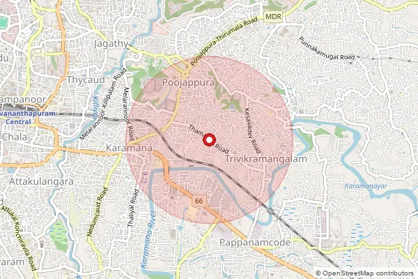 Map showing approximate area covered by Pincode 695012 — Poojapura Ho, Thiruvananthapuram
