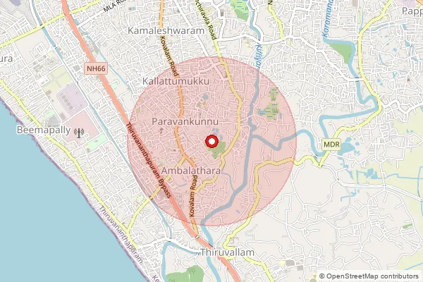 Map showing approximate area covered by Pincode 695026 — Ambalathara Bo, Thiruvananthapuram