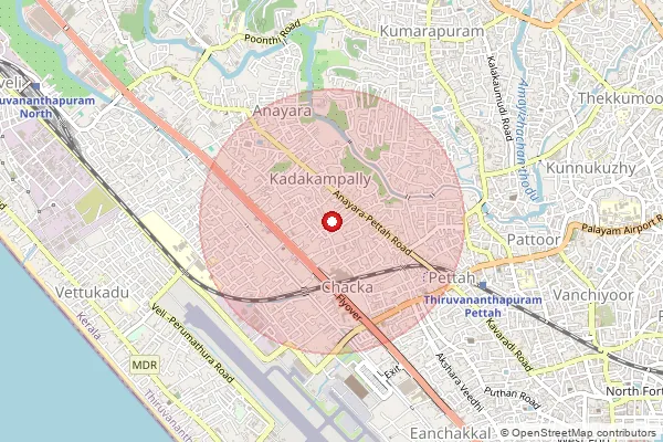 Map showing approximate area covered by Pincode 695029 — Anayara So, Thiruvananthapuram