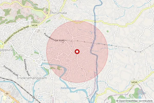 Map showing approximate area covered by Pincode 695032 — Aramada So, Thiruvananthapuram