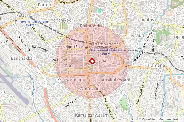 Map showing approximate area covered by Pincode 695036 — Thiruvananthapuram  Chalai So, Thiruvananthapuram