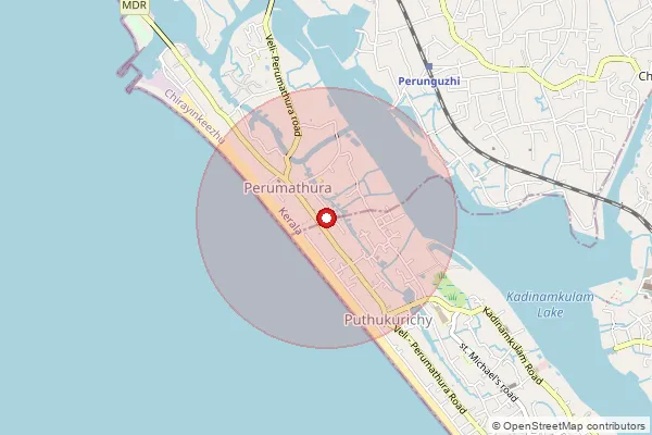 Map showing approximate area covered by Pincode 695303 — Perumathura Bo, Thiruvananthapuram