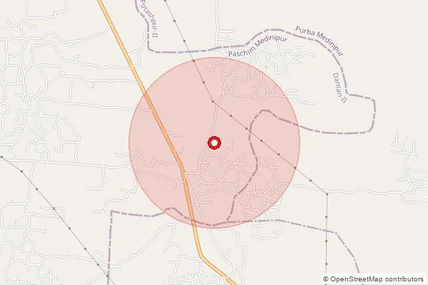 Map showing approximate area covered by Pincode 721443 — Bandhuchak Bo, Medinipur West
