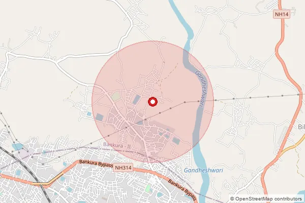 Map showing approximate area covered by Pincode 722140 — Dundar Bo, Bankura