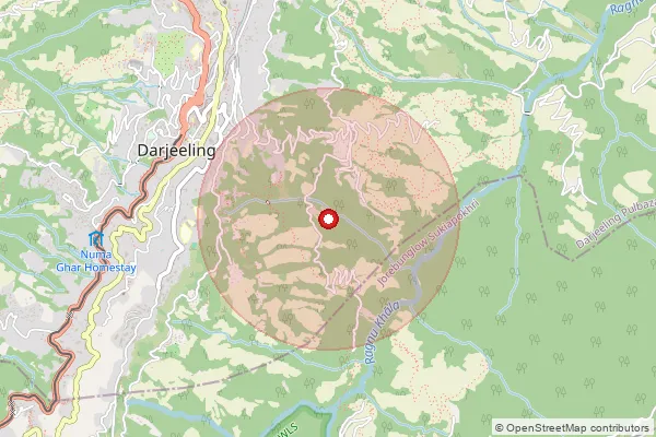 Map showing approximate area covered by Pincode 734102 — Bloom Field Bo, Darjeeling