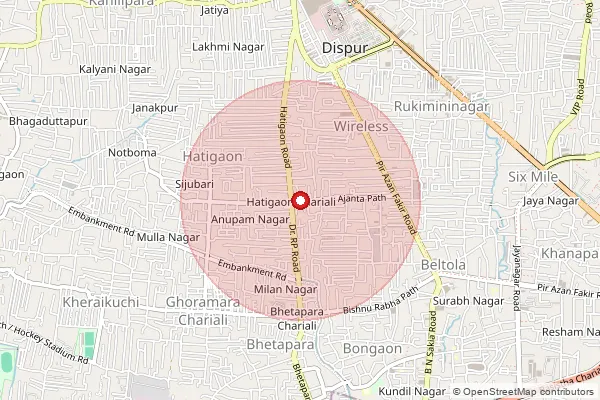 Map showing approximate area covered by Pincode 781038 — Hatigaon Chariali S.O, Kamrup Metro