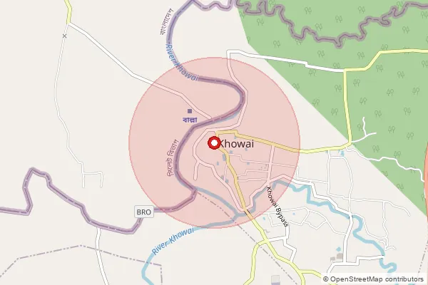 Map showing approximate area covered by Pincode 799201 — Khowai S.O, Khowai