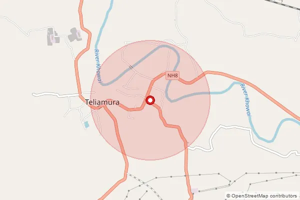 Map showing approximate area covered by Pincode 799205 — Teliamura S.O, Khowai