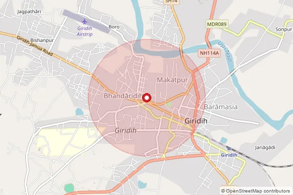 Map showing approximate area covered by Pincode 815318 — Chunglo Bo, Giridih