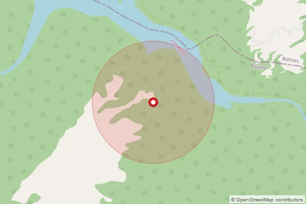 Map showing approximate area covered by Pincode 821102 — Khajura Bo, Kaimur (Bhabua)