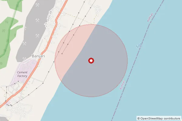 Map showing approximate area covered by Pincode 821303 — Banjari So, Rohtas
