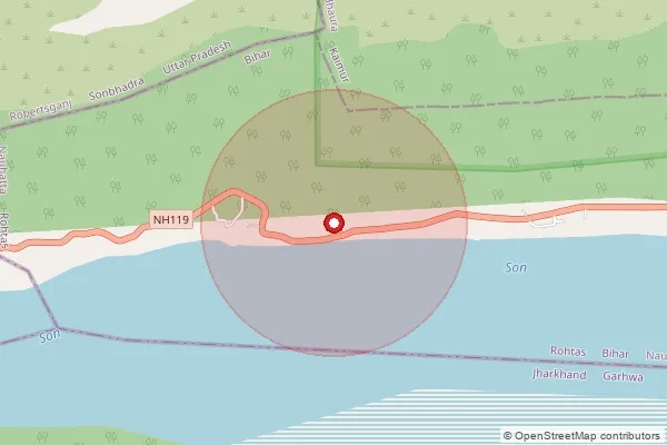 Map showing approximate area covered by Pincode 821304 — Chunhatta Bo, Rohtas
