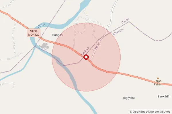 Map showing approximate area covered by Pincode 822114 — Kalyanpur Bo, Garhwa