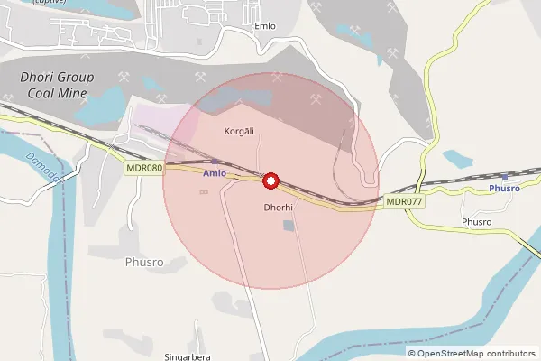 Map showing approximate area covered by Pincode 829104 — Amlo Bo, Bokaro