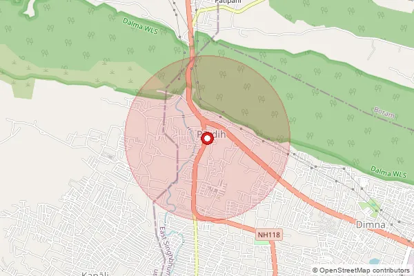Map showing approximate area covered by Pincode 831020 — Pardih, East Singhbum