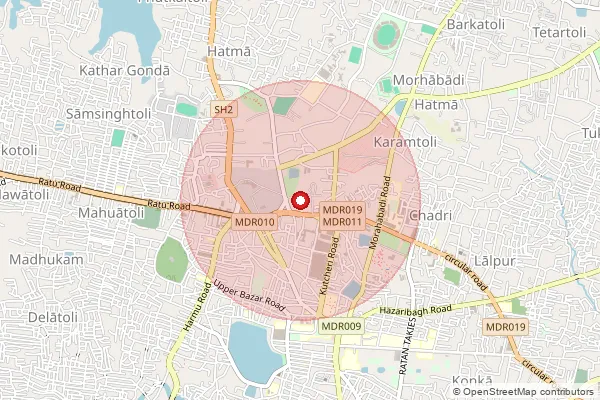 Map showing approximate area covered by Pincode 834001 — Ranchi Gpo, Ranchi