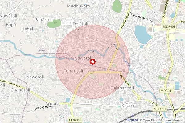 Map showing approximate area covered by Pincode 834002 — Doranda Ho, Ranchi