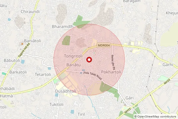 Map showing approximate area covered by Pincode 834009 — Bariatu Bo, Ranchi